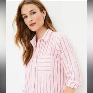 LOFT Striped Everyday Long Sleeve Button Front Shirt White Pink Stripes Size XL